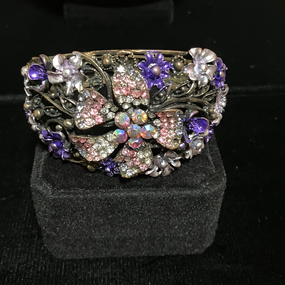 Floral Crystal Cuff Bracelet in Purple & Pink